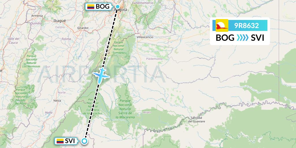 9R8632 Satena Flight Map: Bogota to San Vicente Del Caguan