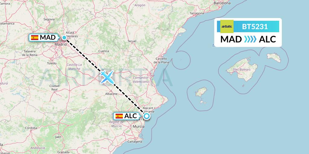 BT5231 Air Baltic Flight Map: Madrid to Alicante