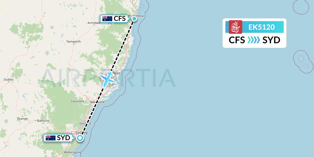 EK5120 Emirates Flight Map: Coffs Harbour to Sydney