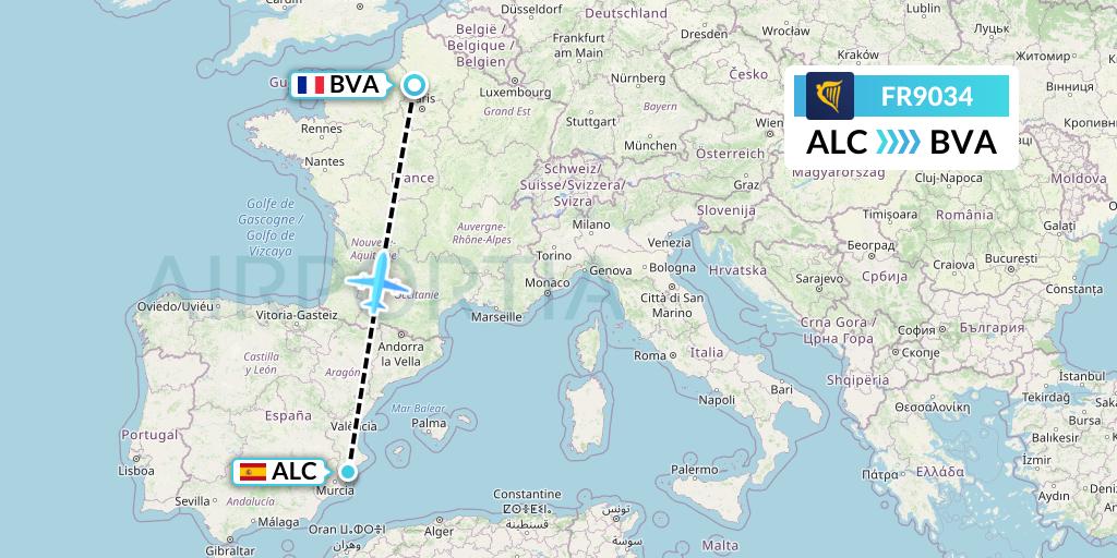 FR9034 Ryanair Flight Map: Alicante to Paris