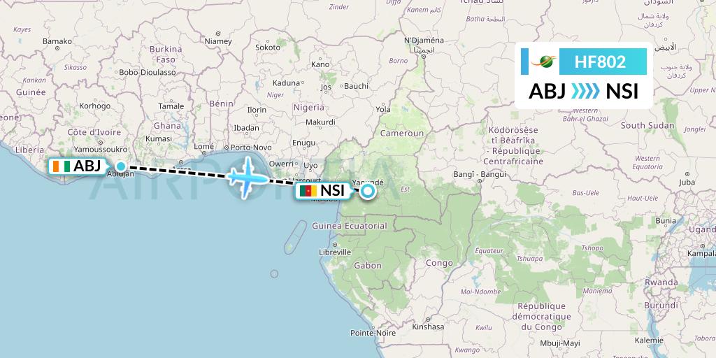 HF802 Air Cote d'Ivoire Flight Map: Abidjan to Yaounde