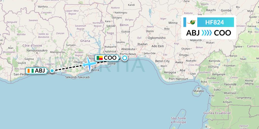 HF824 Air Cote d'Ivoire Flight Map: Abidjan to Cotonou