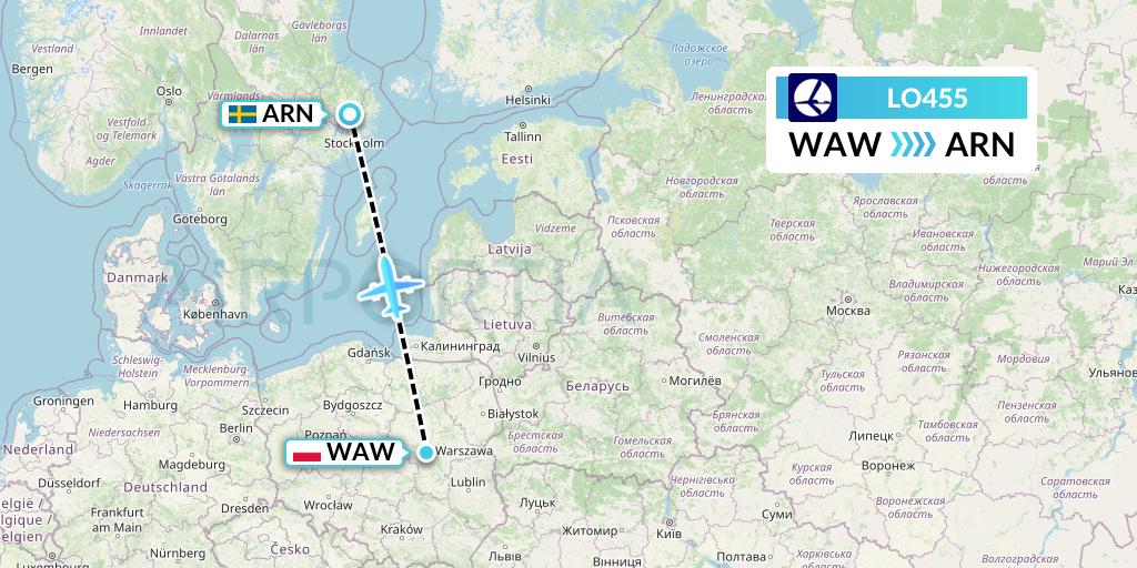LO455 LOT Flight Map: Warsaw to Stockholm