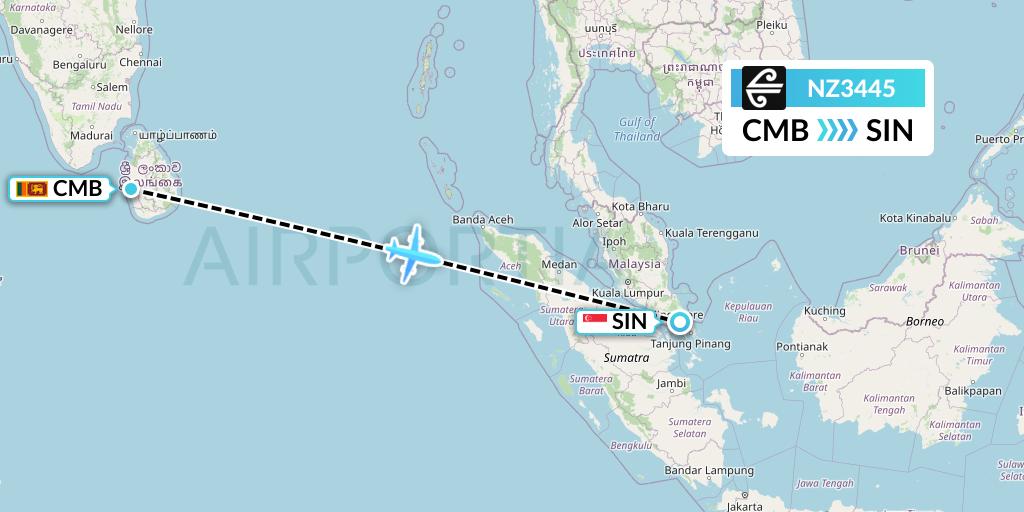 NZ3445 Air New Zealand Flight Map: Colombo to Singapore