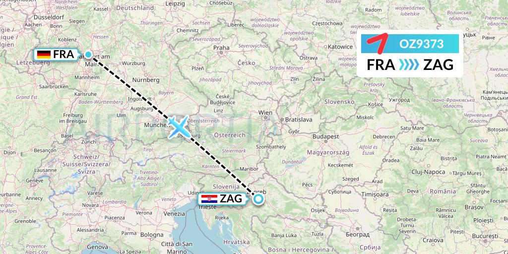 OZ9373 Asiana Airlines Flight Map: Frankfurt to Zagreb