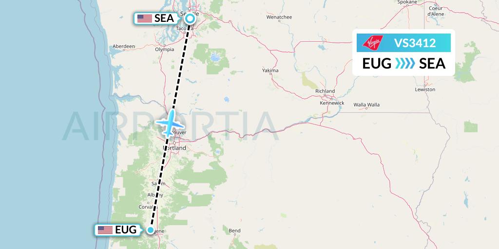 VS3412 Virgin Atlantic Airways Flight Map: Eugene to Seattle