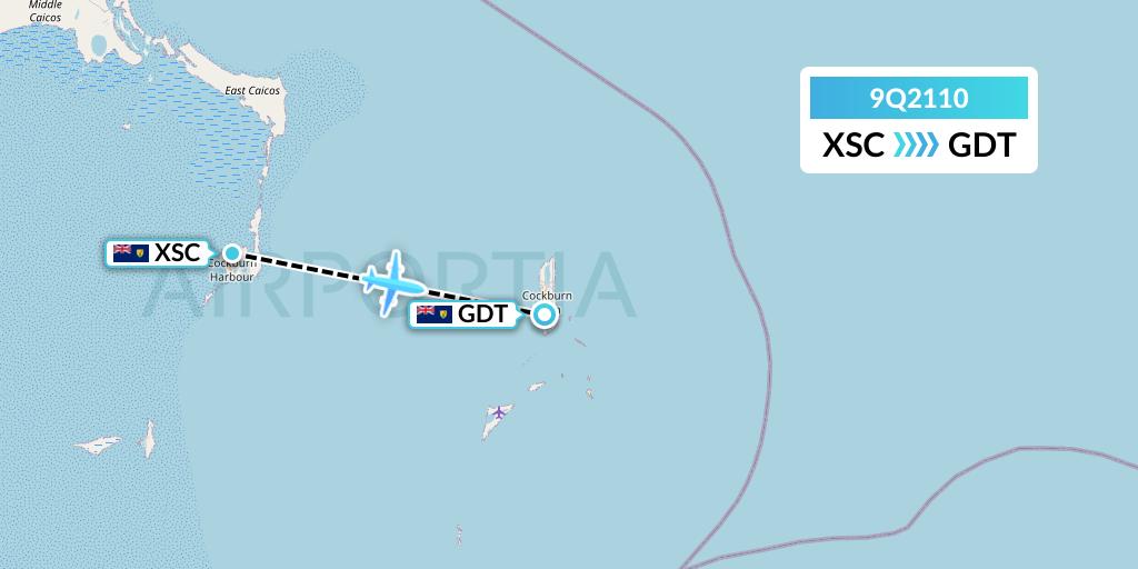 9Q2110 Caicos Express Airways Flight Map: Turks and Caicos Islands to Cockburn Town
