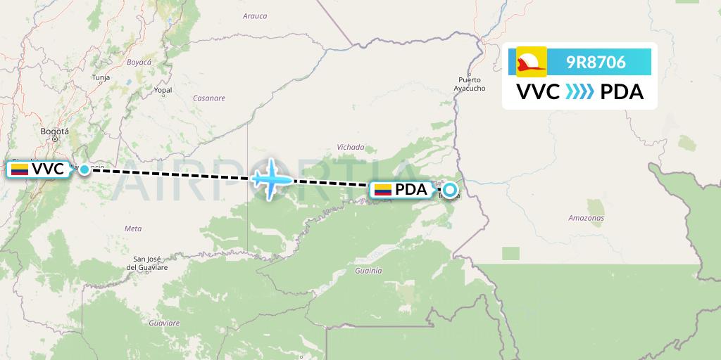 9R8706 Satena Flight Map: Villavicencio to Puerto Inirida
