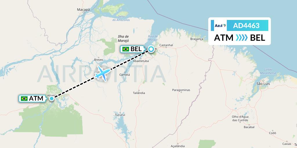 AD4463 Azul Brazilian Airlines Flight Map: Altamira to Belem
