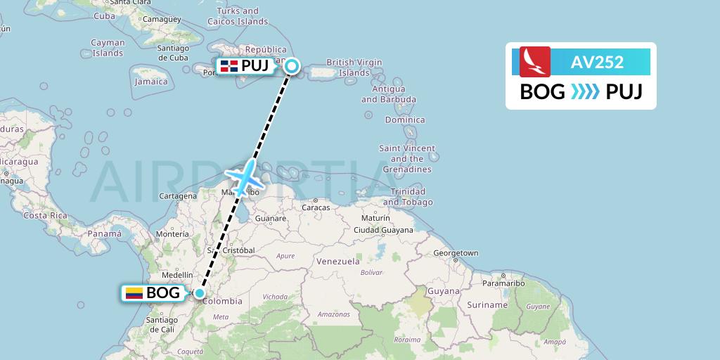 AV252 Avianca Flight Map: Bogota to Punta Cana
