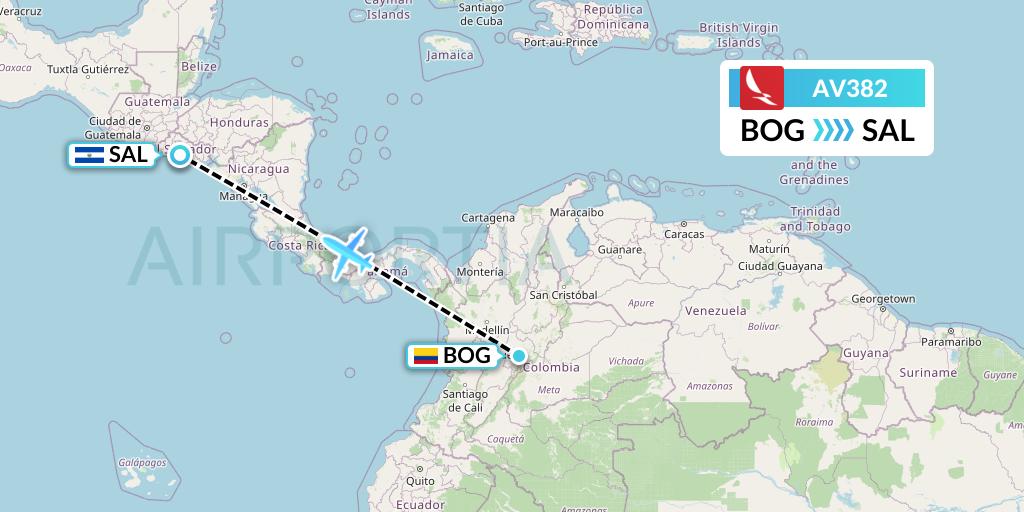AV382 Avianca Flight Map: Bogota to San Salvador