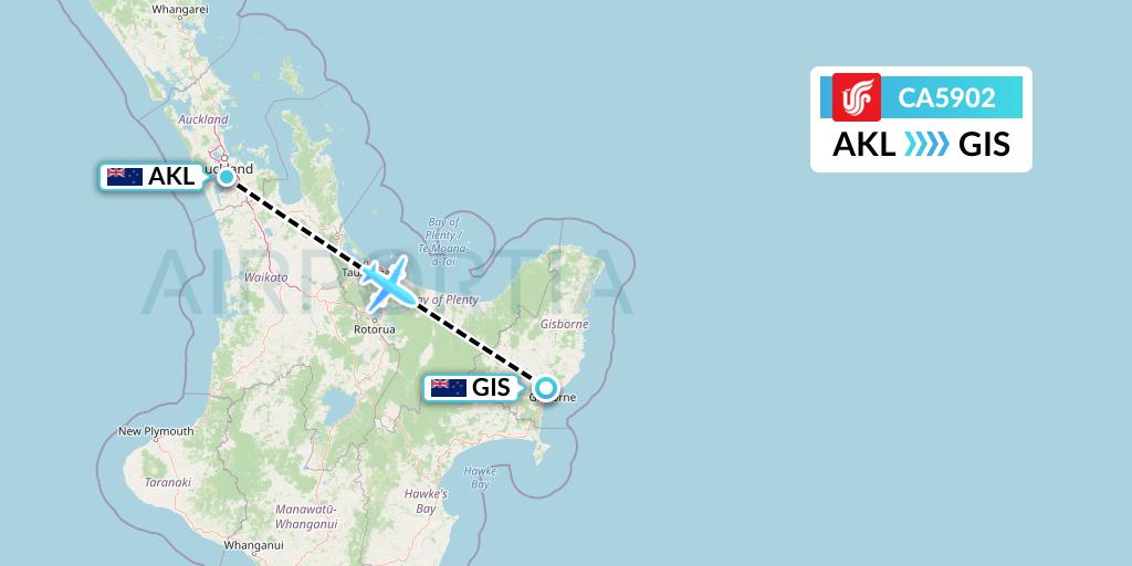 CA5902 Air China Flight Map: Auckland to Gisborne