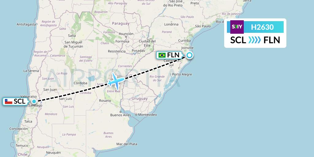 H2630 Sky Airline Flight Map: Santiago to Florianopolis