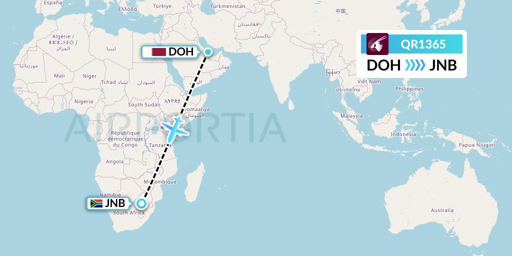 QR1365 Qatar Airways Flight Map: Doha to Johannesburg