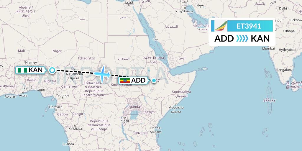 ET3941 Ethiopian Airlines Flight Map: Addis Ababa to Kano