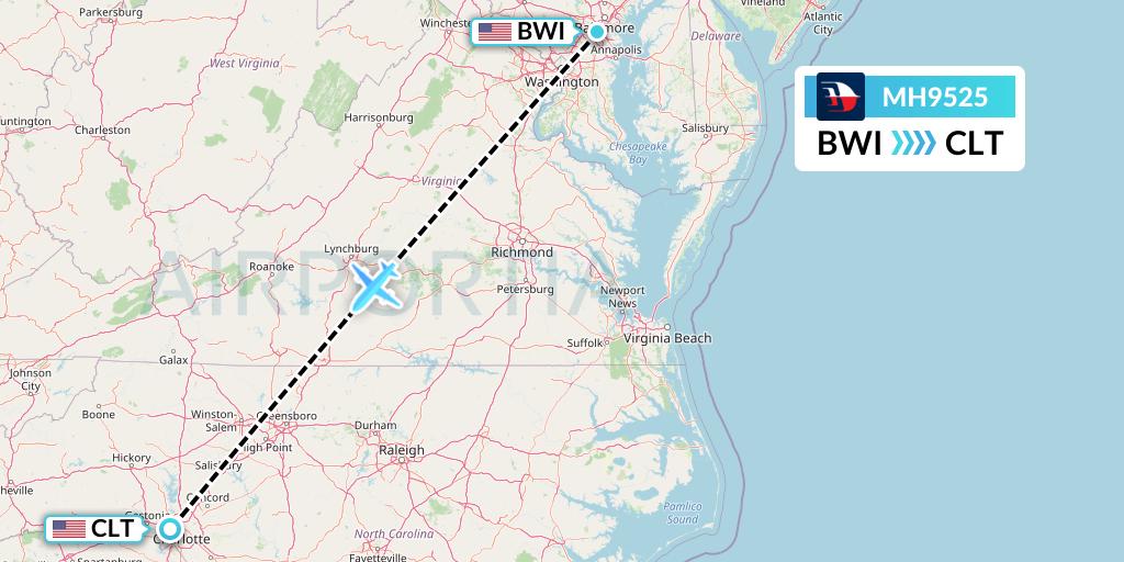 MH9525 Malaysia Airlines Flight Map: Baltimore to Charlotte