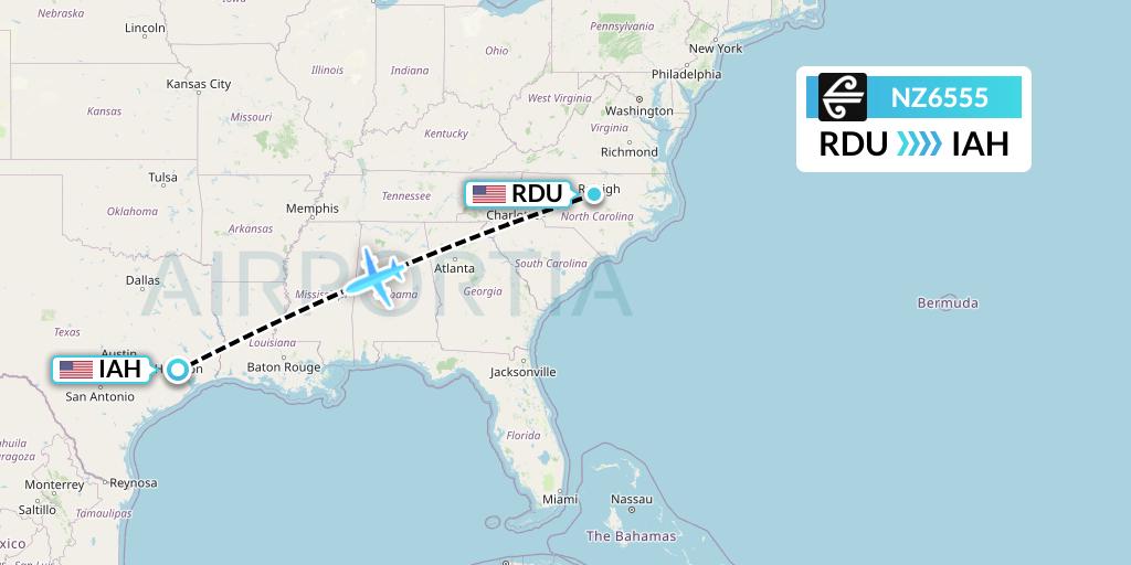 NZ6555 Air New Zealand Flight Map: Raleigh-Durham to Houston