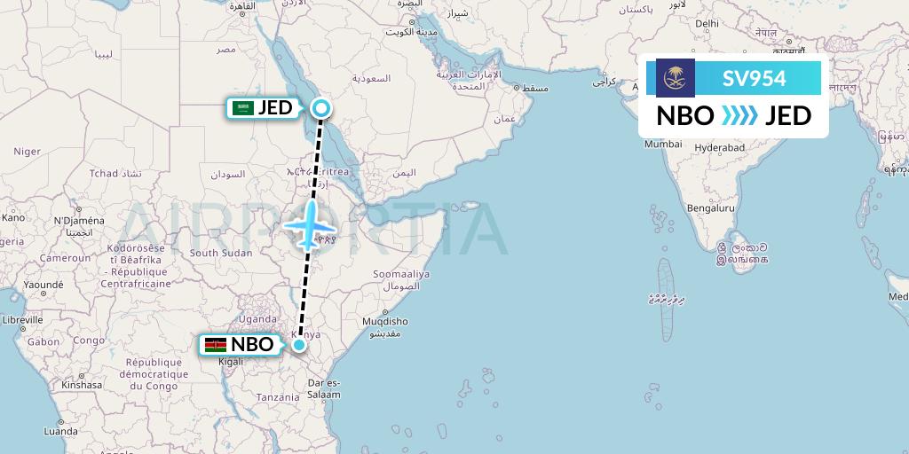 SV954 Saudi Arabian Airlines Flight Map: Nairobi to Jeddah