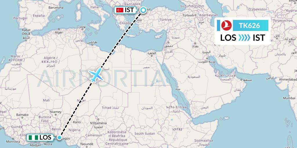 TK626 Turkish Airlines Flight Map: Lagos to Istanbul