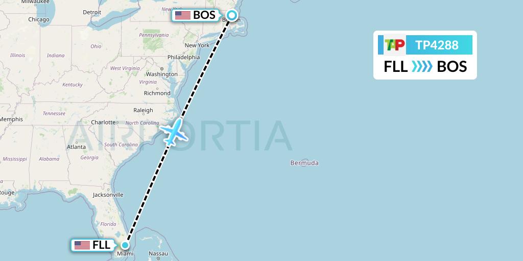 TP4288 TAP Portugal Flight Map: Fort Lauderdale to Boston