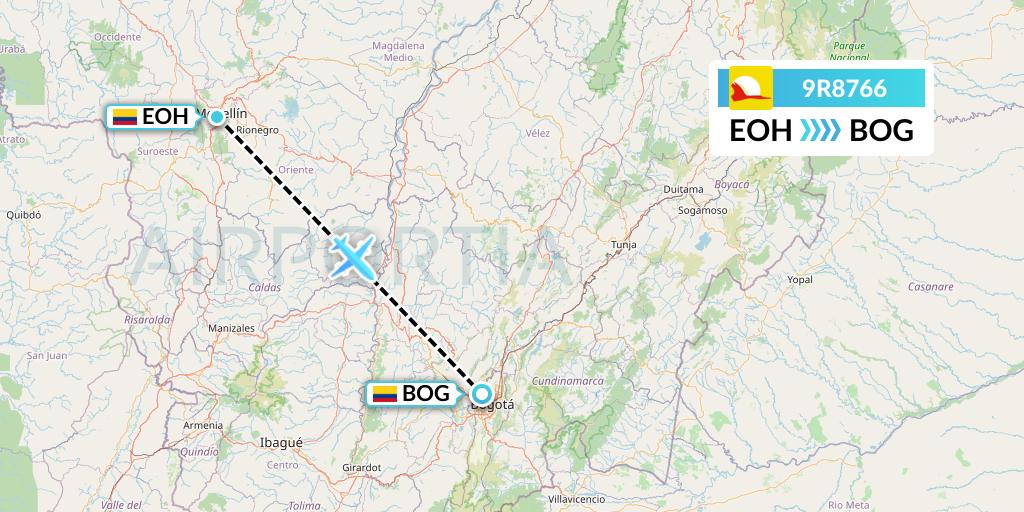 9R8766 Satena Flight Map: Medellin to Bogota