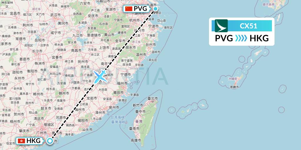 CX51 Cathay Pacific Flight Map: Shanghai to Hong Kong