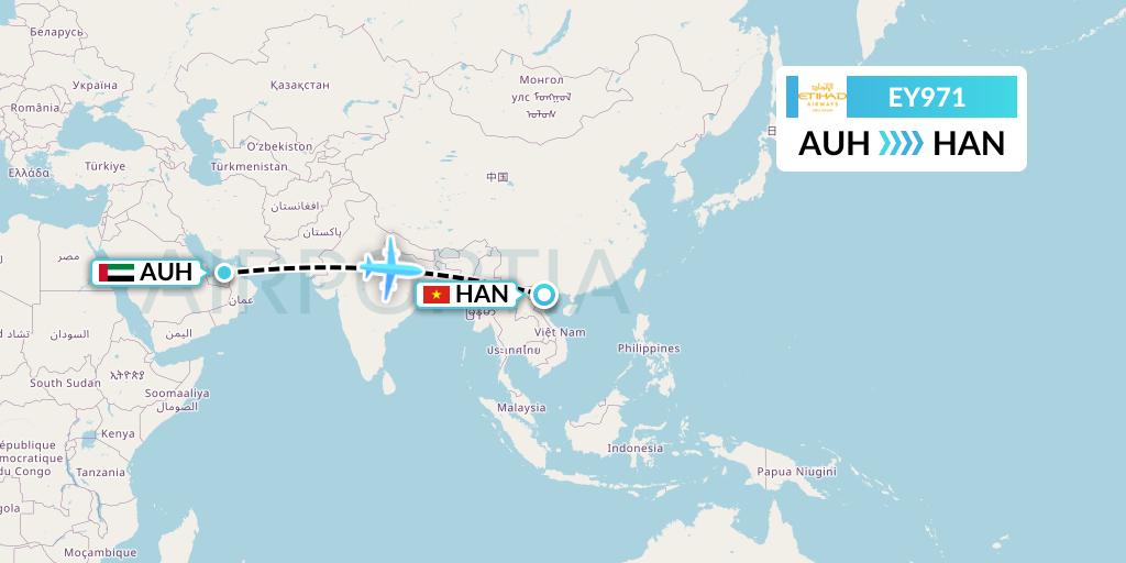 EY971 Etihad Airways Flight Map: Abu Dhabi to Hanoi