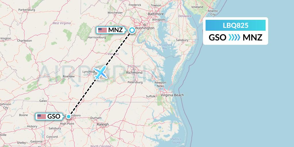 LBQ825 Quest Diagnostics Flight Map: Greensboro to Manassas