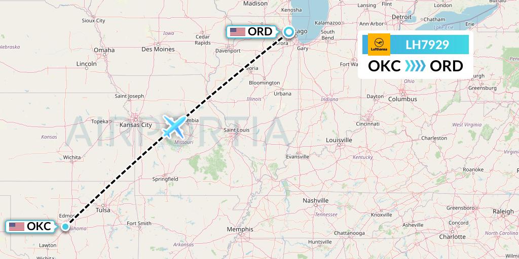 LH7929 Lufthansa Flight Map: Oklahoma City to Chicago