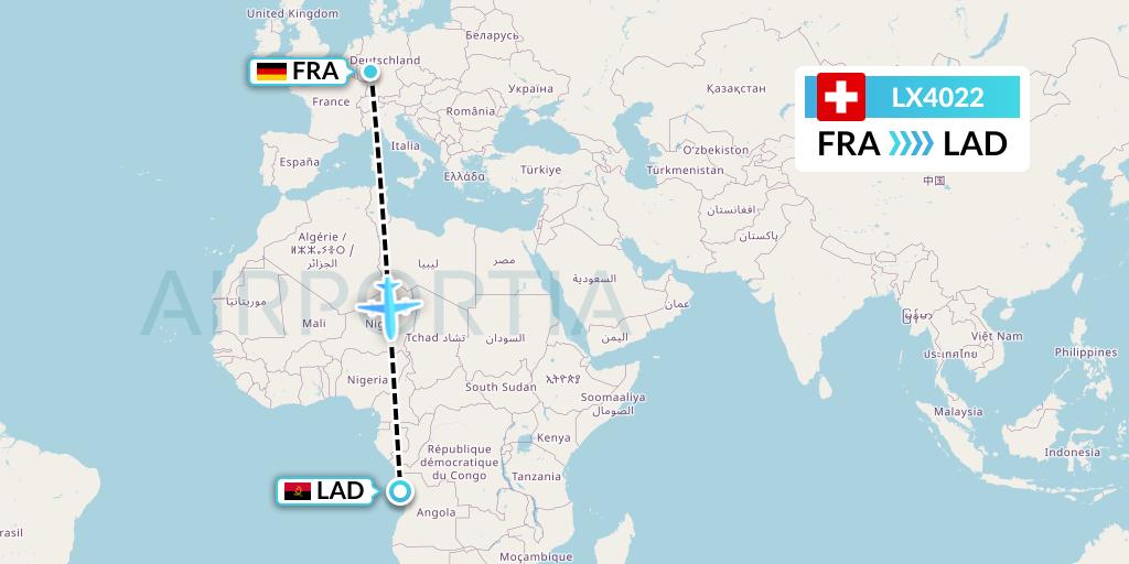 LX4022 Swiss Flight Map: Frankfurt to Luanda