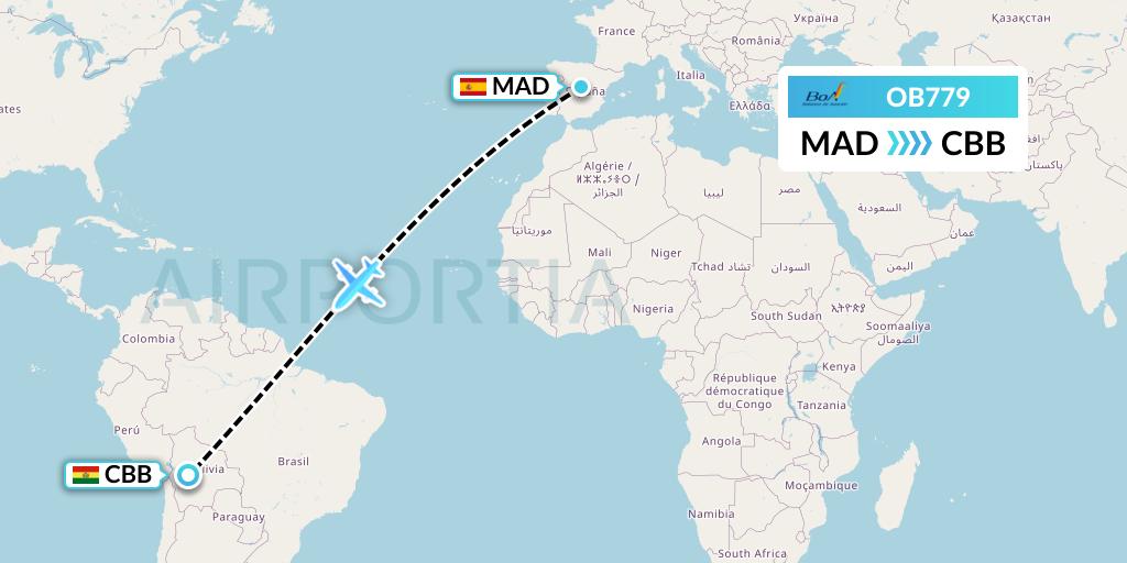 OB779 Boliviana de Aviacion Flight Map: Madrid to Cochabamba