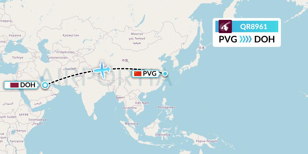 QR8961 Qatar Airways Flight Map: Shanghai to Doha
