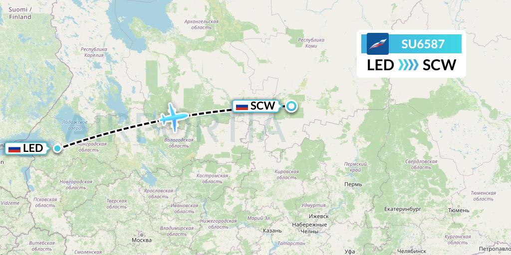 SU6587 Aeroflot Flight Map: St. Petersburg to Syktyvkar