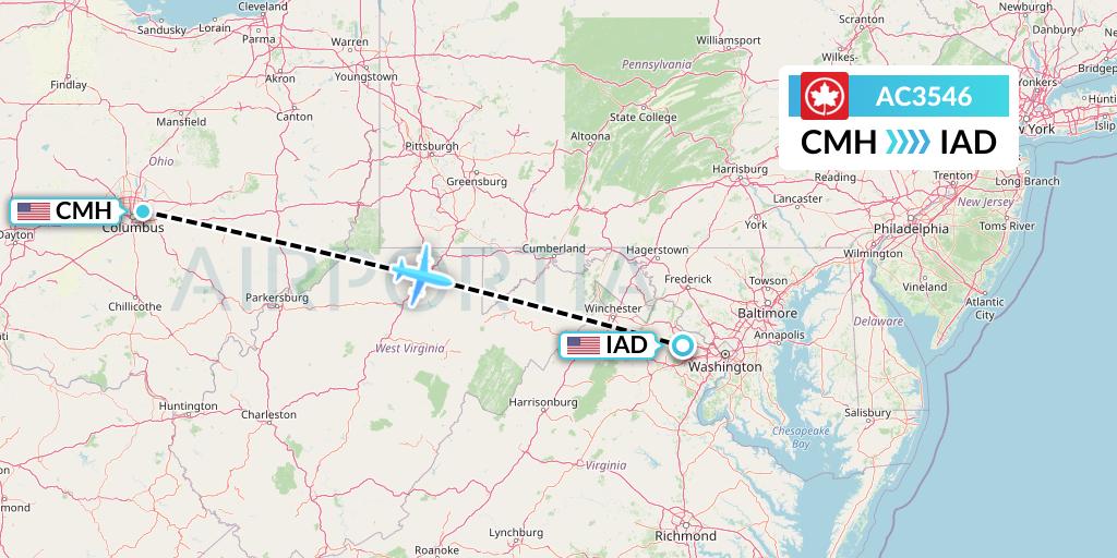 AC3546 Air Canada Flight Map: Columbus to Washington
