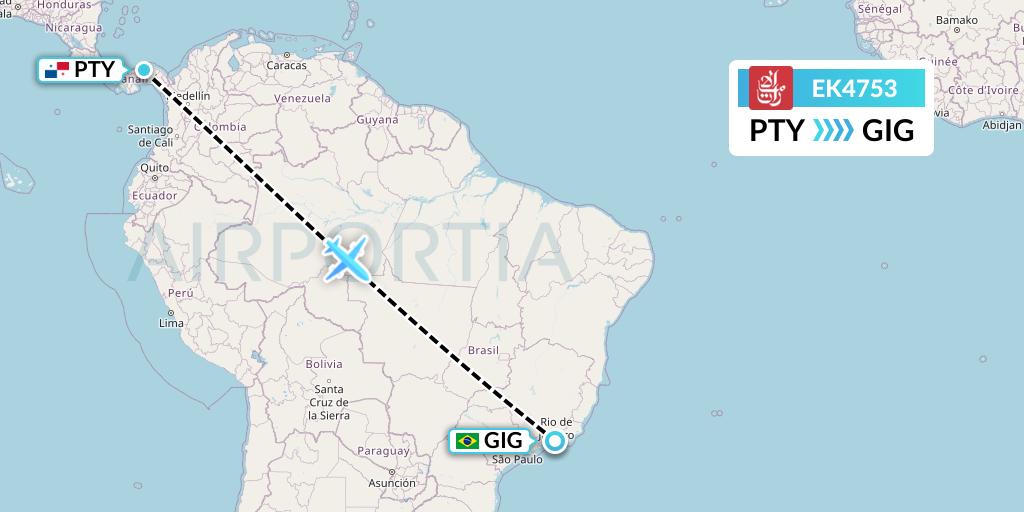 EK4753 Emirates Flight Map: Panama City to Rio de Janeiro