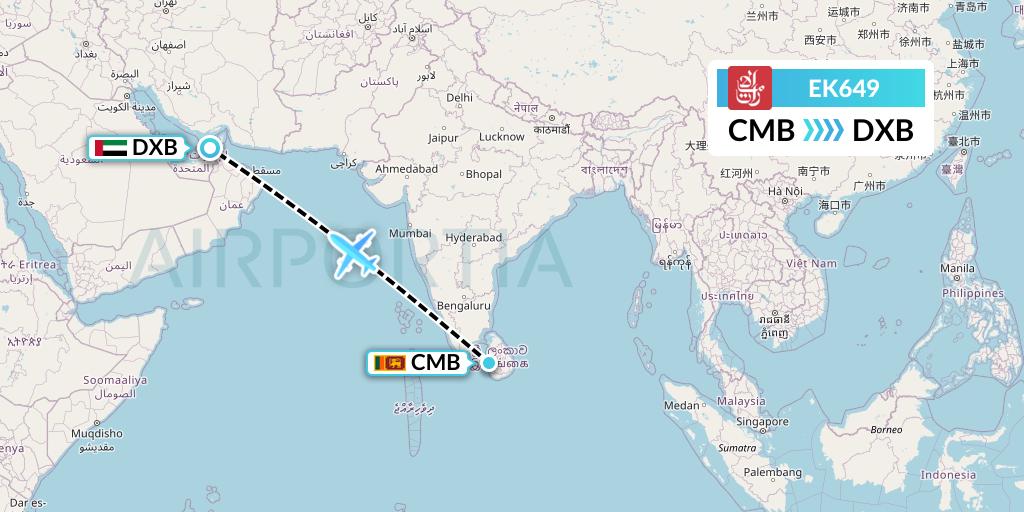 EK649 Emirates Flight Map: Colombo to Dubai