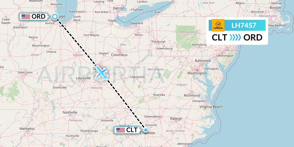 LH7457 Lufthansa Flight Map: Charlotte to Chicago