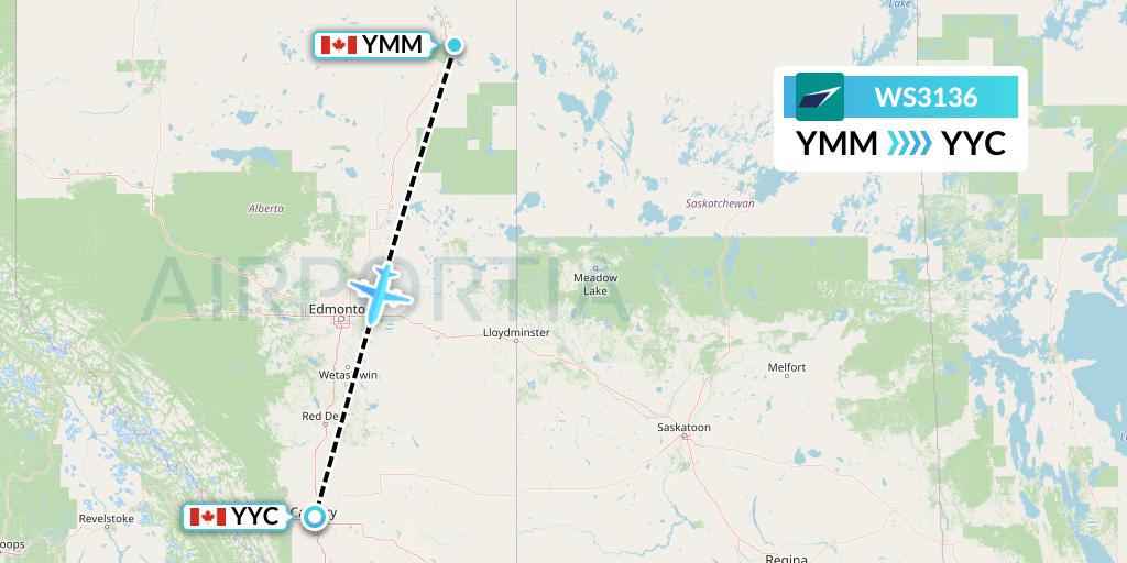WS3136 WestJet Flight Map: Fort McMurray to Calgary