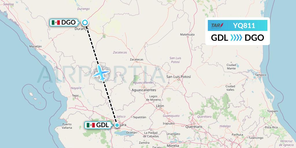 YQ811 TAR Aerolineas Flight Map: Guadalajara to Durango