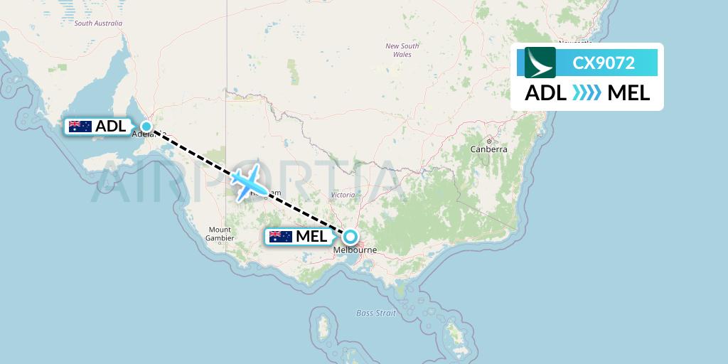 CX9072 Cathay Pacific Flight Map: Adelaide to Melbourne