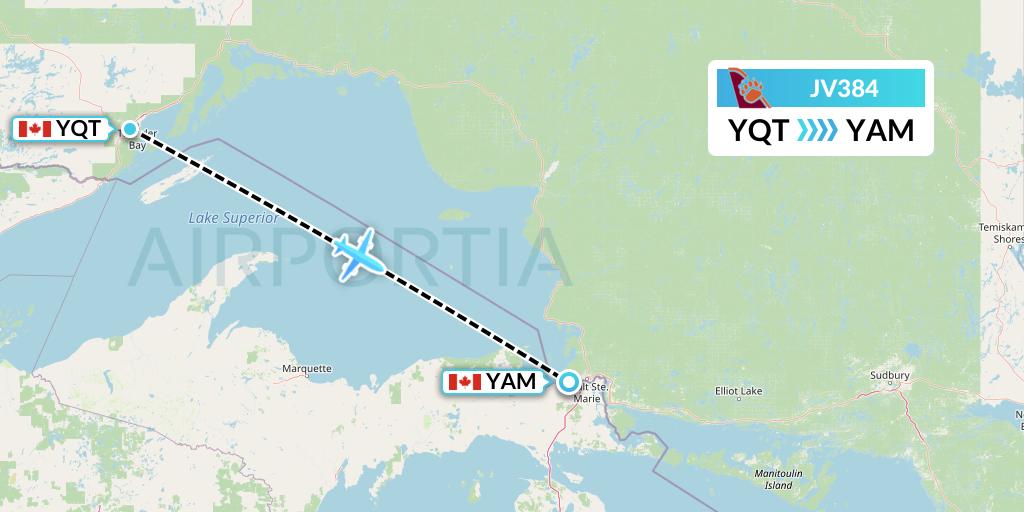 JV384 Bearskin Airlines Flight Map: Thunder Bay to Sault Ste. Marie