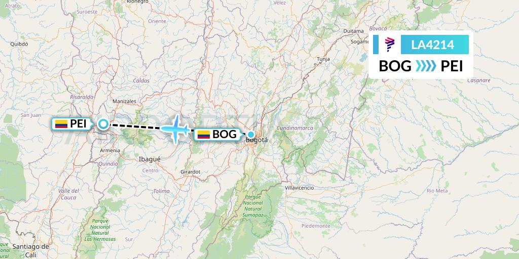 LA4214 LAN Airlines Flight Map: Bogota to Pereira