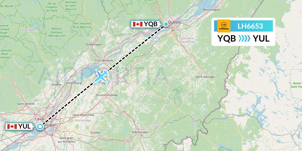 LH6653 Lufthansa Flight Map: Quebec to Montreal