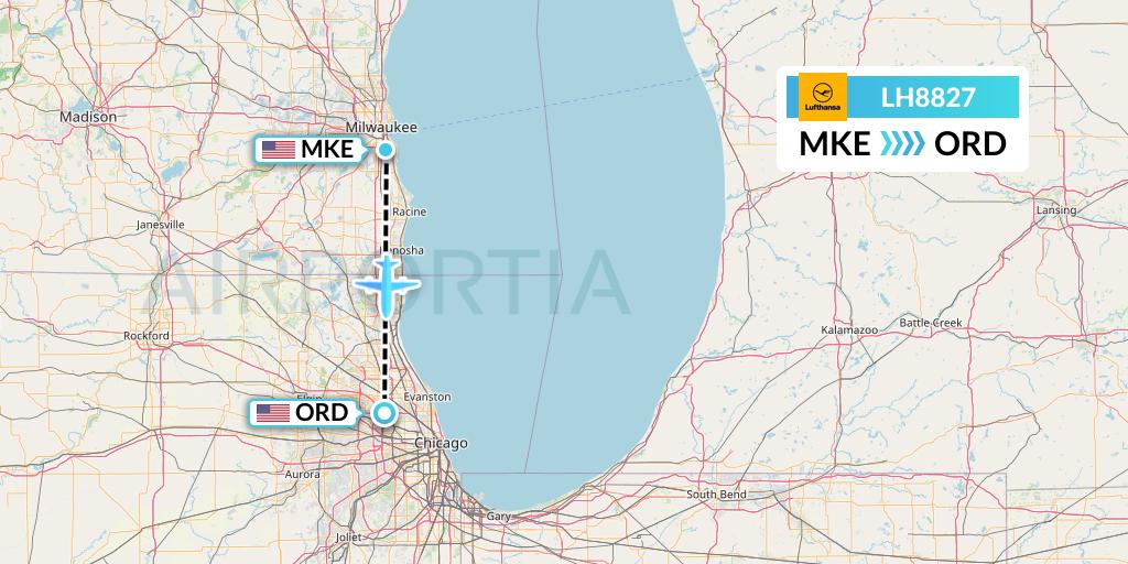 LH8827 Lufthansa Flight Map: Milwaukee to Chicago