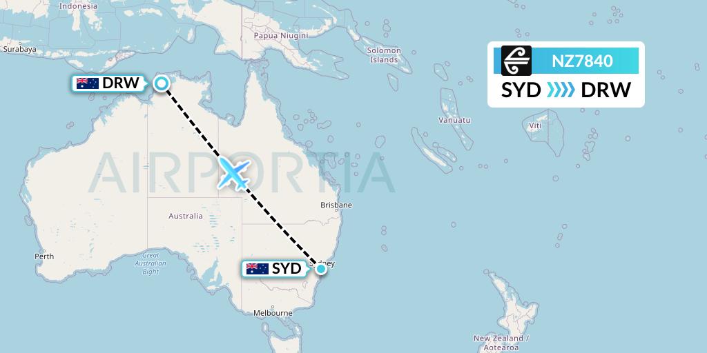 NZ7840 Air New Zealand Flight Map: Sydney to Darwin
