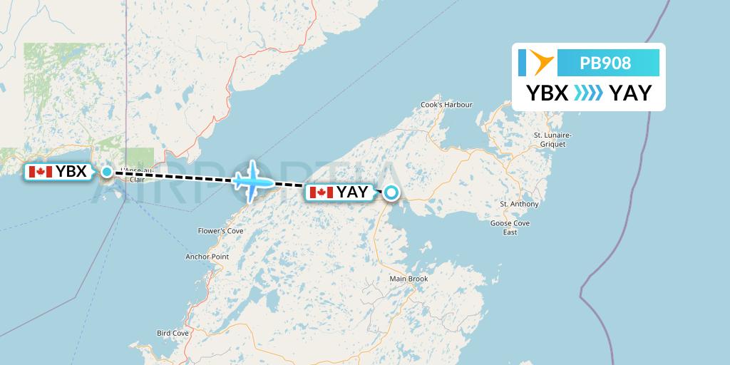 PB908 PAL Airlines Flight Map: Blanc-Sablon to St. Anthony