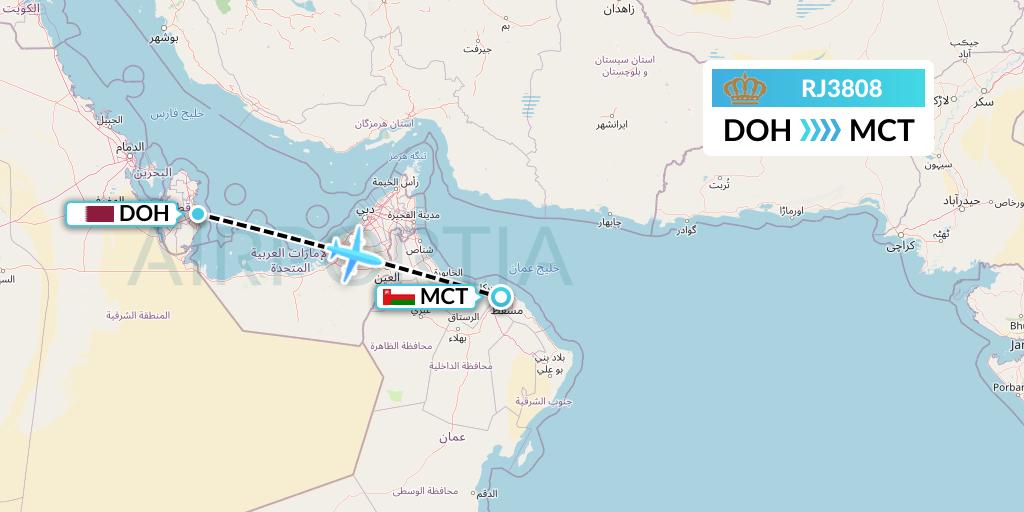 RJ3808 Royal Jordanian Flight Map: Doha to Muscat