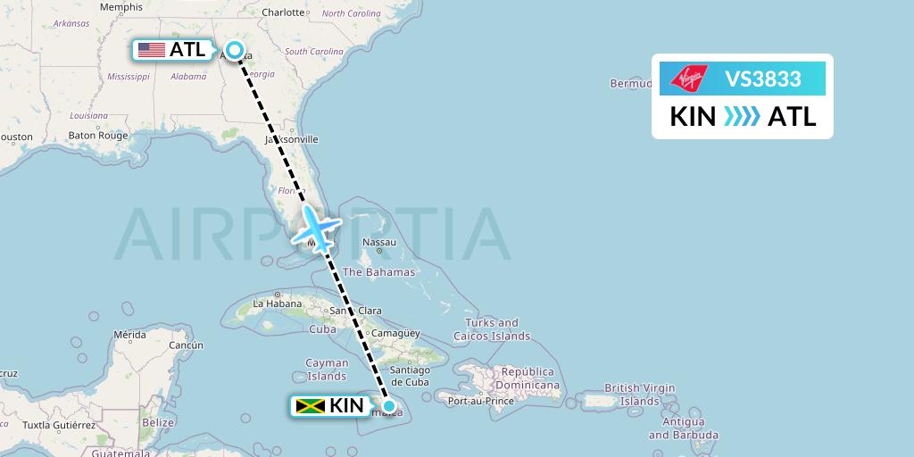 VS3833 Virgin Atlantic Airways Flight Map: Kingston to Atlanta