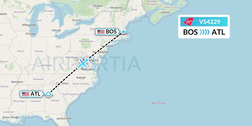 VS4229 Virgin Atlantic Airways Flight Map: Boston to Atlanta