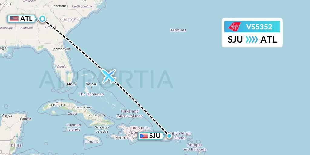 VS5352 Virgin Atlantic Airways Flight Map: San Juan to Atlanta